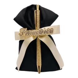 Bomboniera compleanno penna oro sacco nero nome